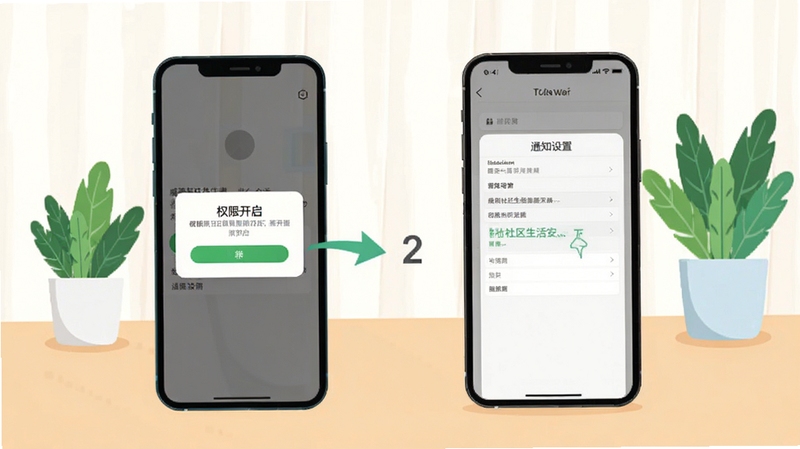威海社区生活安装设置引导示意图,手机屏幕显示权限开启弹窗与通知设置界面,背景为简洁的桌面与绿植,画面清晰明亮,扁平插画风格,突出操作步骤感