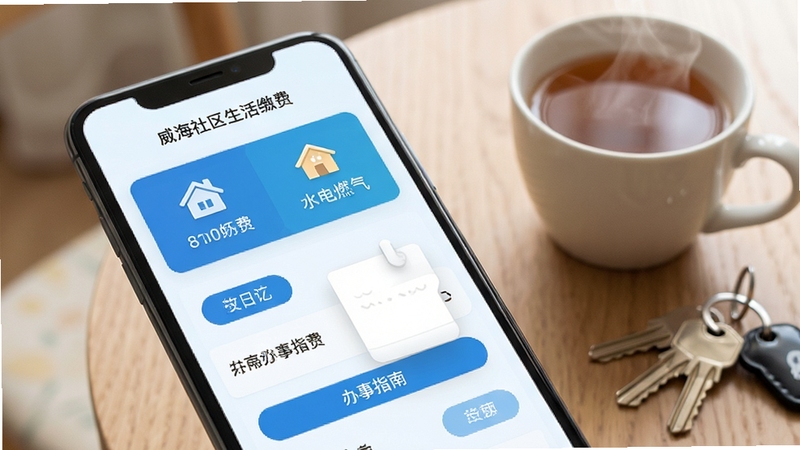 威海社区生活缴费页面手机界面特写,屏幕显示水电燃气缴费入口图标与办事指南列表,画面干净整洁,浅色背景搭配蓝色按钮,旁边放置一杯热茶与钥匙串营造居家氛围,写实风格,光线柔和