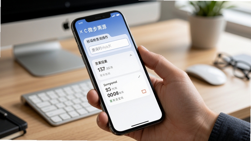微步溯源x移动端查询操作界面,画面为手持手机特写,屏幕显示查询输入框与结果卡片,背景为模糊的办公桌面环境,光线柔和,突出移动便捷的使用氛围