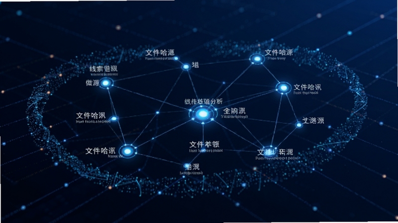 微步溯源x线索关联图谱功能展示,画面主体为发光的节点连接网络图,节点标注文件哈希与域名信息,背景为深色渐变科技蓝,周围环绕数据流粒子效果,体现关联分析的逻辑美感