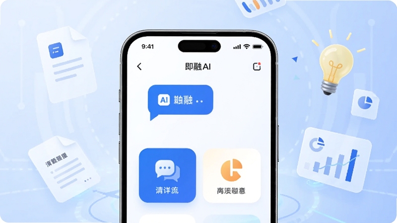 画面中央为一部智能手机,屏幕上显示即融AI应用主界面,界面干净简洁带有AI对话气泡与功能卡片图标,背景为浅蓝色渐变科技感空间,四周漂浮着文档、灯泡、数据图表等半透明元素,整体风格清爽现代,突出智能助手全貌