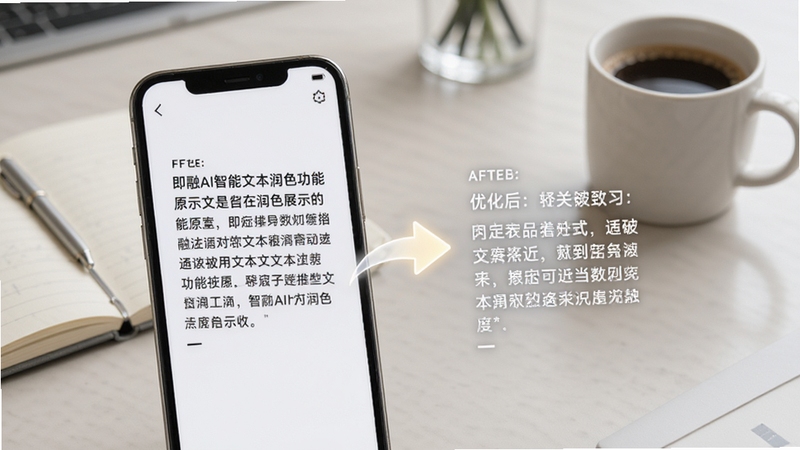 即融AI智能文本润色功能展示图,画面中一部手机屏幕显示一段文字被AI自动改写前后对比,左侧原文右侧优化后文本,中间有发光箭头连接,背景为柔和浅色办公桌面,旁边放置笔记本与咖啡杯,整体氛围轻松高效