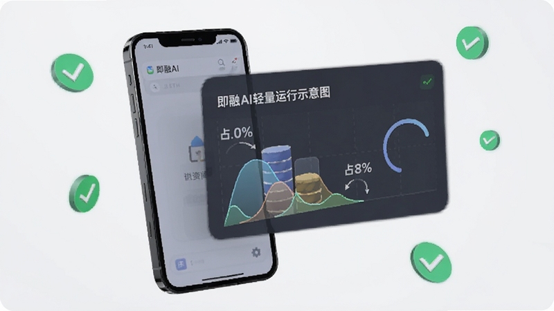 即融AI轻量运行示意图,画面展示一部手机旁边悬浮着存储空间与内存占用的可视化图表,图表显示占用比例较低,背景为浅灰色极简风格,点缀几个绿色对勾图标,传达省空间省资源的直观感受