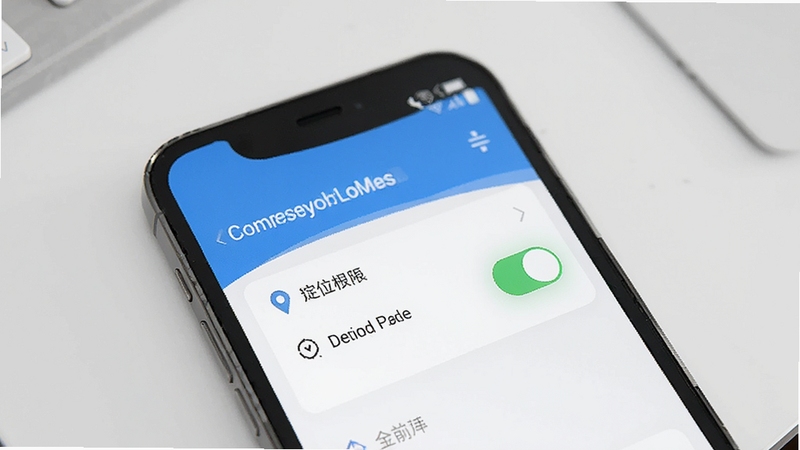 手机导航安装权限设置示意图,手机屏幕显示应用权限管理页面,定位与存储权限开关处于开启状态,界面以蓝色调为主,背景为简洁的浅灰色桌面,整体风格清晰直观
