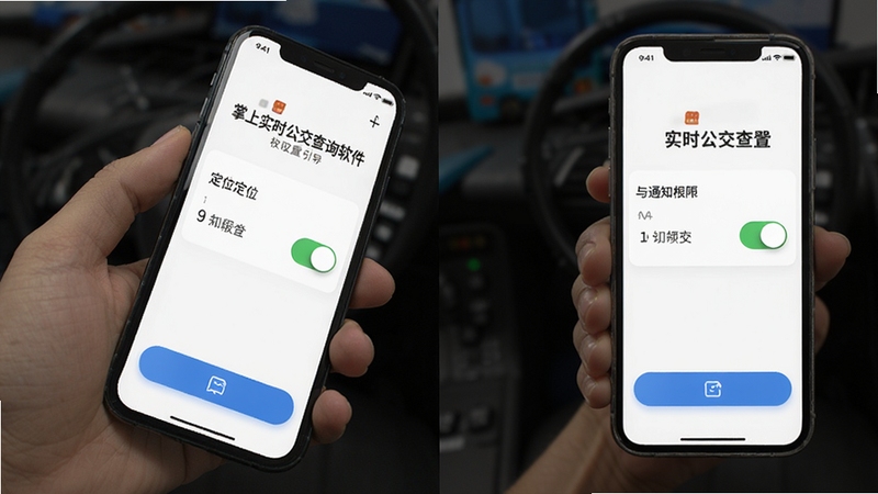 掌上实时公交查询软件权限设置引导页面,手机屏幕展示定位与通知权限开关,简洁白色界面配蓝色按钮