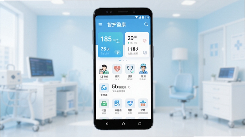 智护盈康应用界面整体展示,画面主体为一部居中摆放的安卓智能手机,屏幕内呈现护理健康管理类应用的首页布局,包含健康数据卡片与功能入口图标,背景为浅蓝与白色渐变的干净医疗风格场景,柔和光线,扁平化设计质感,细节清晰,适合软件下载站配图