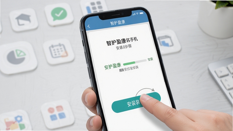 智护盈康安卓手机安装步骤示意图,画面主体为一只手持手机点击安装按钮的特写,屏幕显示安装进度界面,背景为浅灰色桌面与简约图标元素,风格写实清晰,突出安装操作细节,适合教程配图