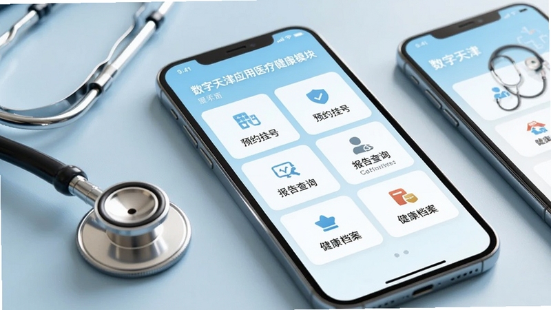 数字天津应用医疗健康模块界面展示,手机屏幕上显示预约挂号、报告查询、健康档案等功能卡片,背景为淡蓝色医疗风格,界面干净整洁,旁边放置听诊器与手机,柔和光线,产品展示摄影风格