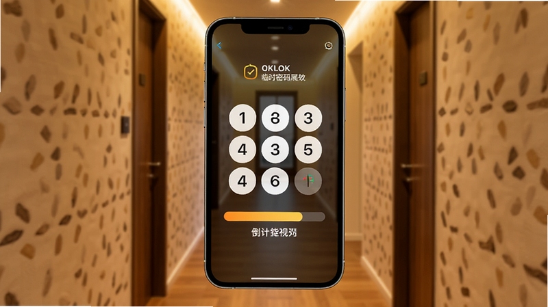 OKLOK临时密码生成功能展示,手机界面弹出六位数字密码与倒计时进度条,背景为公寓走廊场景,画面色调温暖,强调临时授权的高效与安全