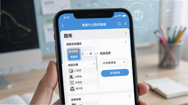 青鹿作业教师端5软件界面展示教师布置作业操作流程的写实截图风格,手机屏幕显示题库选题与班级选择页面,浅蓝色教育科技风背景,柔和光线,高清细节