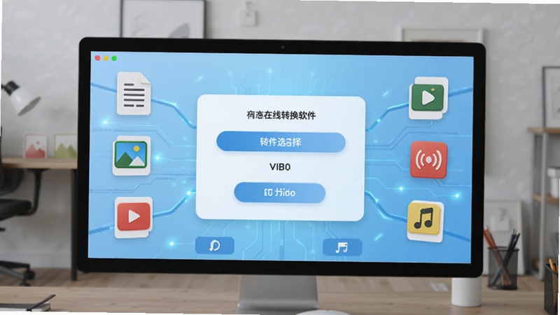 万能格式在线转换软件主界面展示,画面中央为简洁的转换功能选择区,背景为浅蓝色渐变科技风格,四周环绕文档、图片、视频、音频等格式图标,整体布局清爽直观,适配Boogu模型生成