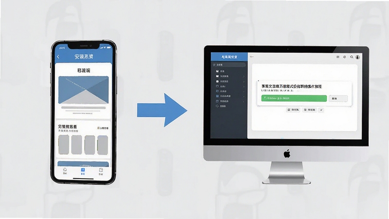 万能格式在线转换操作教程示意图,画面左侧为手机端安装界面,右侧为电脑端转换进度界面,中间用箭头连接,背景为浅灰色简约风格,突出移动端与电脑端操作差异