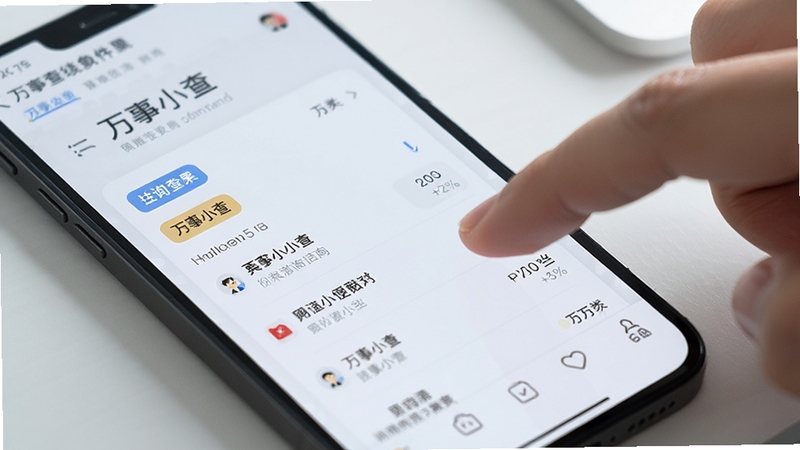 展示万事小查应用内查询结果页面的特写,手机屏幕中央显示清晰的查询结果卡片,卡片上有分类标签与条目列表,画面右侧有手指点击屏幕的动作,背景为浅灰色简约桌面,光线明亮柔和,突出界面整洁与操作便捷