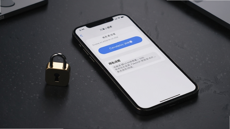 表现万事小查的隐私与本地记录管理功能,画面为手机屏幕展示设置页面,页面中有清除记录按钮与隐私说明条目,手机旁放置一把小锁图标作为视觉隐喻,背景为深灰色质感桌面,整体色调沉稳专业
