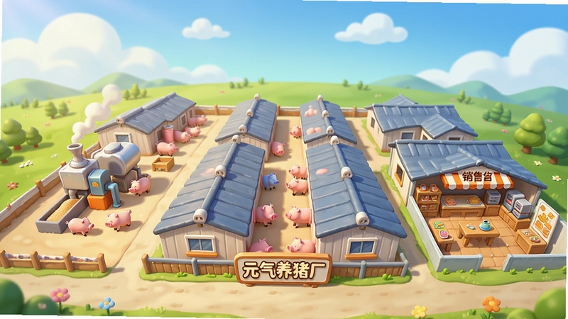 卡通风格养猪厂全景,画面中央为整齐排列的现代化猪舍,左侧有饲料加工区,右侧为销售展示区,背景为蓝天白云与绿色草地,整体色调明亮温暖,包含元气养猪厂字样招牌,俯视视角展现厂区全貌