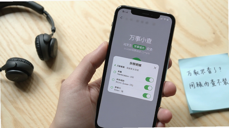 展示万事小查在手机上的安装完成界面与权限设置弹窗,画面为手持手机的特写,屏幕显示安装成功提示与权限开关列表,背景为浅色木纹桌面,旁边放置耳机与便签纸,整体氛围轻松实用