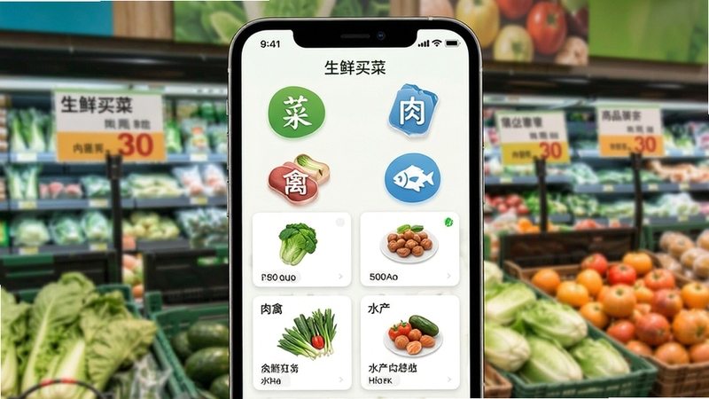 生鲜买菜超市商品分类导航界面,手机屏幕展示蔬菜、肉禽、水产等分类图标与商品卡片,背景为超市生鲜区货架与价签,色彩清新,细节丰富