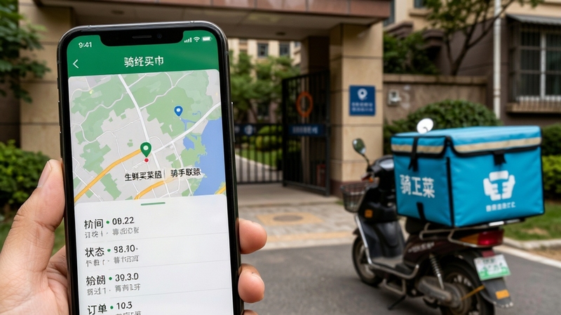 生鲜买菜超市订单跟踪与骑手联系界面,手机屏幕显示配送地图与订单状态时间轴,背景为小区门口与配送箱,生活纪实风格