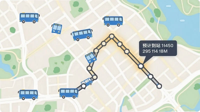 画面主体为一幅扁平化城市地图界面,地图上用蓝色小巴士图标标注多辆公交车的实时位置,画面中央偏右有一条高亮显示的公交线路,线路沿途分布着若干站点圆点,其中一站被放大标注预计到站分钟数;背景区域为浅色街区路网与绿地水系,整体风格为清爽的UI插画风,横版构图,突出实时公交查询的车辆定位功能。