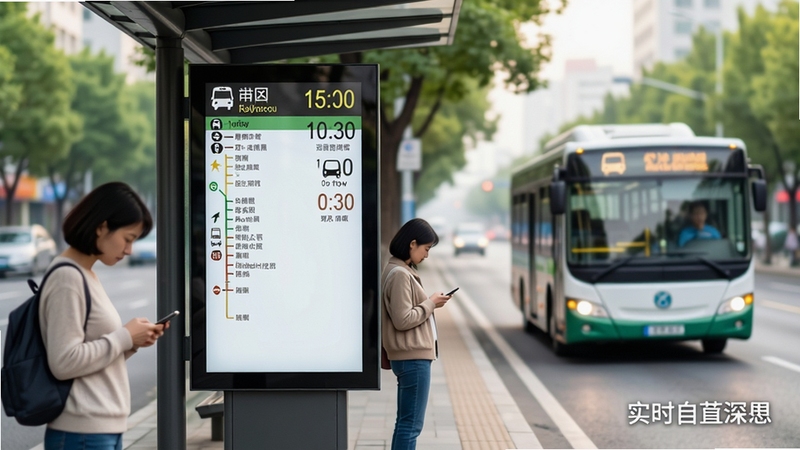 整体画面为一座现代城市公交站台的清晨场景,画面中央偏左位置是一块竖立的电子站牌,屏幕上显示多条公交线路与到站倒计时,站牌旁有两位候车乘客正低头查看手机;背景区域为虚化的城市街道、行道树与缓缓驶入的公交车,色调明亮清新,写实摄影风格,构图横版16:9,主体突出实时公交查询的到站信息界面,画面右下角自然融入软件名称字样。