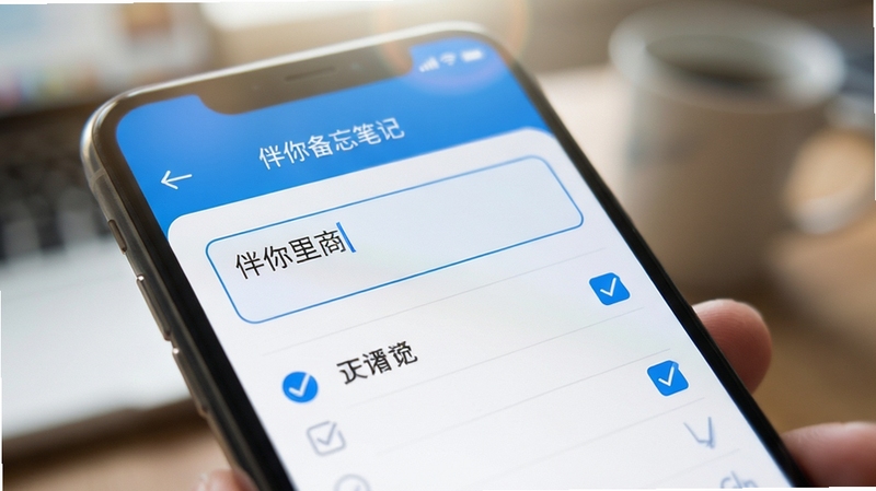 伴你备忘笔记新建备忘界面特写,手机屏幕显示文字输入框与清单勾选控件,界面配色为蓝白清爽风格,背景虚化处理,突出编辑区域的简洁与易用,画面带有轻微光晕效果