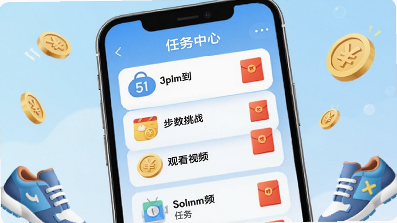 手机屏幕特写,走路领钱现金APP的任务中心页面,列表展示签到、步数挑战、观看视频等任务卡片,每张卡片带有金币与红包图标,背景为浅蓝色渐变,周围点缀卡通风格的金币与运动鞋元素,画面干净明快,突出任务奖励丰富、操作简单的特点