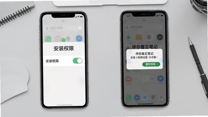伴你备忘笔记安装与权限设置操作示意图,画面为两部手机并排展示,左侧显示安装权限开关界面,右侧显示通知权限授权弹窗,背景为浅灰色工作台,整体风格为教程图解式,清晰直观
