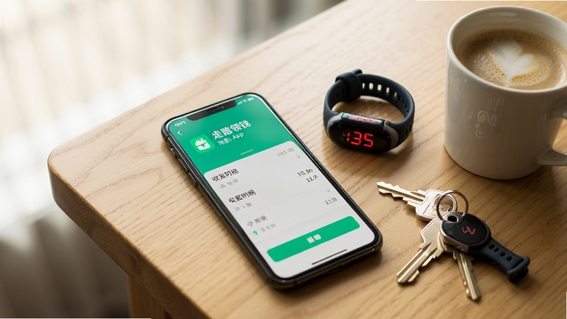 一部手机放置在桌面,屏幕显示走路领钱现金APP的收益明细页面,旁边摆放着运动手环、钥匙和一杯咖啡,背景为木质桌面与柔和自然光,画面风格生活化,突出应用轻量、日常陪伴的使用场景