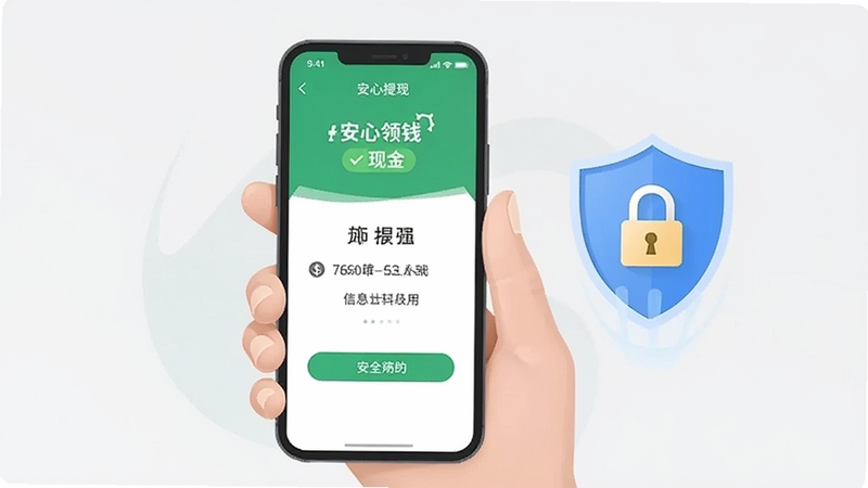 手机安全使用场景插画,一只手握住手机,屏幕显示走路领钱现金APP的提现页面,旁边有盾牌与锁形图标象征安全防护,背景为浅灰色简约风格,画面传递安心提现、注意信息保护的主题