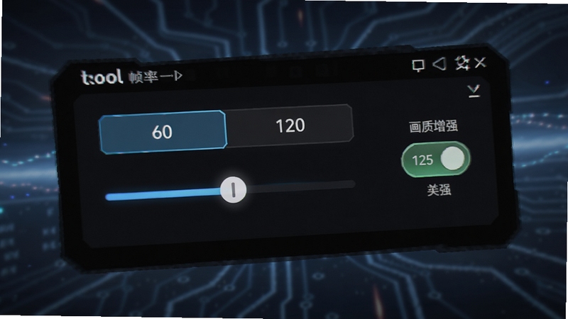 tool画质助手帧率调节面板特写,屏幕显示60帧与120帧选项滑块,旁边配有画质增强开关按钮,整体UI为深色科技风格,背景带有轻微光效