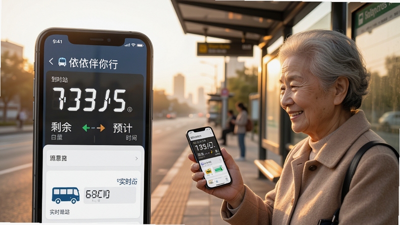 依依伴你行手机软件界面展示实时公交到站查询功能,大字号显示剩余站数与预计时间,背景为清晨城市公交站台,一位老人手持手机微笑查看,画面明亮温暖,写实风格,高清细节