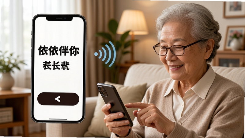 依依伴你行长辈模式界面展示,超大字体与高对比度按钮,手机旁有语音播报波纹图标,背景为居家客厅环境,一位长者戴着老花镜轻松操作手机,温馨写实风格