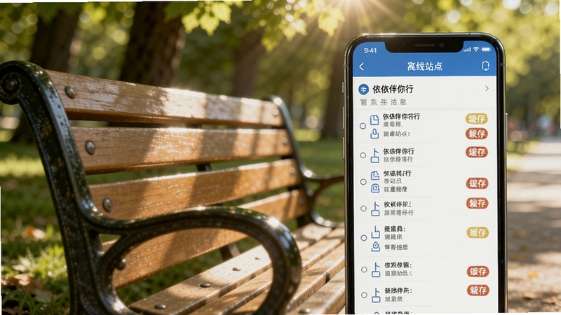 依依伴你行离线站点信息界面展示,手机屏幕显示线路站点列表与缓存标识,背景为户外公园长椅场景,阳光透过树叶洒落,画面自然清新,突出轻量便捷的产品特点