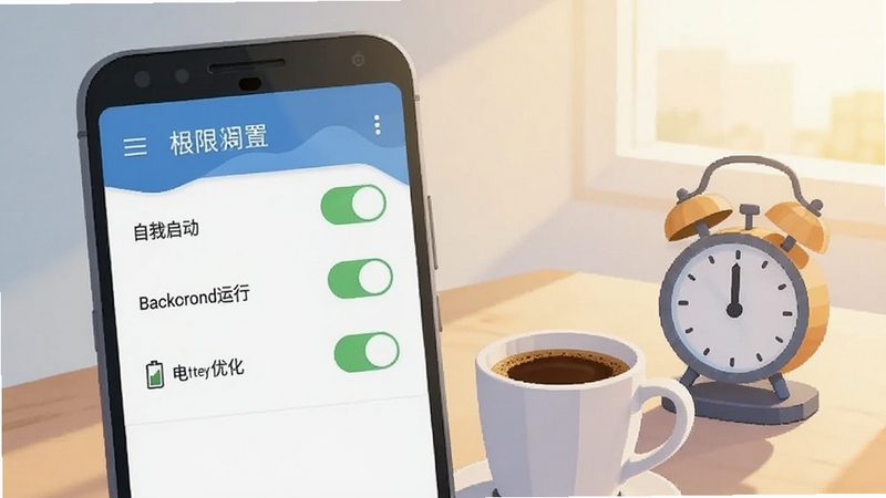 跳舞闹钟在安卓手机上的权限设置页面示意,屏幕显示自启动、后台运行、电池优化三个开关处于开启状态,手机旁放着一杯咖啡和闹钟小摆件,清晨光线柔和,画面清晰实用,扁平科技插画风格
