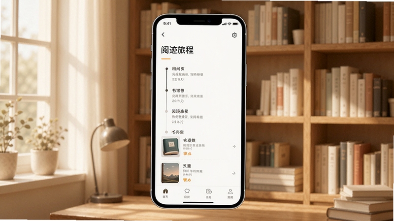 阅迹旅程软件主界面全貌展示,画面中央为手机屏幕内呈现阅读时间线与书架列表,背景为暖色调书房环境,柔和光线从左侧窗户洒入,书架上整齐摆放各类书籍,整体风格清新简约,突出阅读记录与旅程主题,适配Boogu模型生成