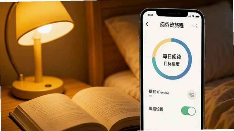 阅迹旅程目标设定与提醒功能界面,手机屏幕展示每日阅读目标进度环与提醒设置开关,背景为温馨的床头阅读场景,暖黄台灯照亮书本,画面传递坚持阅读的氛围