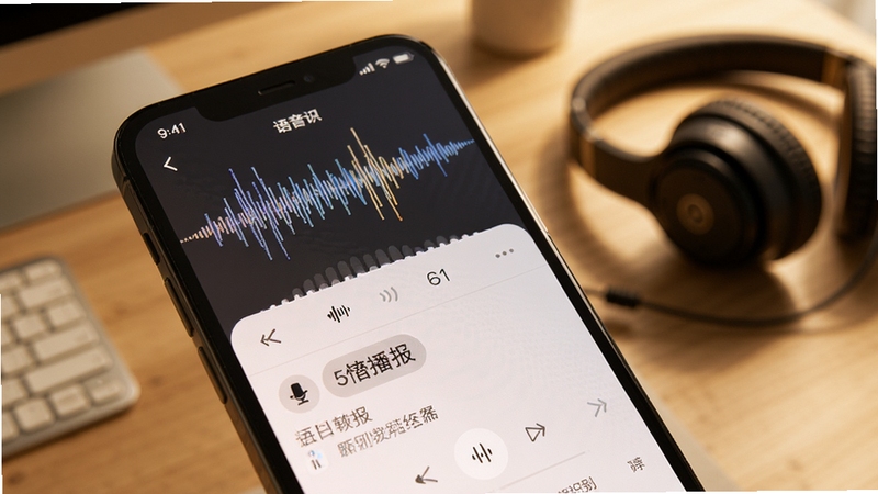 AI全能语音助理软件界面特写,手机屏幕展示语音波形与文字转写结果,画面色调温暖柔和,背景为书桌与耳机等元素,体现语音识别与播报功能