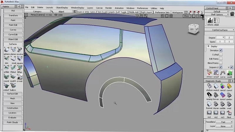 汽车曲面设计软件界面与车身建模场景,关键词必须包含 {Autodesk Alias AutoStudio 2025},用于搜索配图