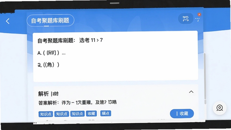 自考聚题库刷题界面截图,展示一道选择题及下方解析区域,包含答案解析、知识点标签和收藏按钮,界面配色以白色和蓝色为主,清晰易读