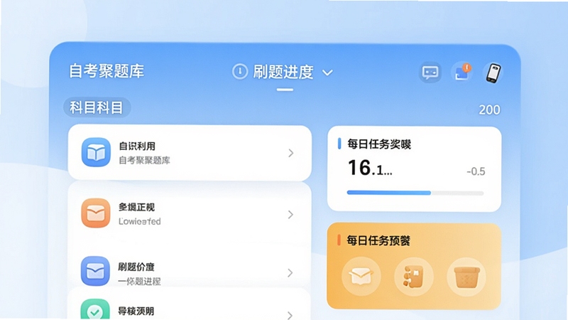 自考聚题库主界面预览图,展示软件首页的科目列表、刷题进度和每日任务卡片,背景为淡蓝色渐变,整体风格简洁明亮,图标圆润,突出学习氛围