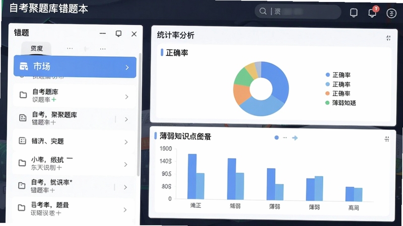 自考聚题库错题本界面,左侧为错题列表,右侧显示统计分析图表,包括正确率饼图和薄弱知识点柱状图,整体风格专业而清爽