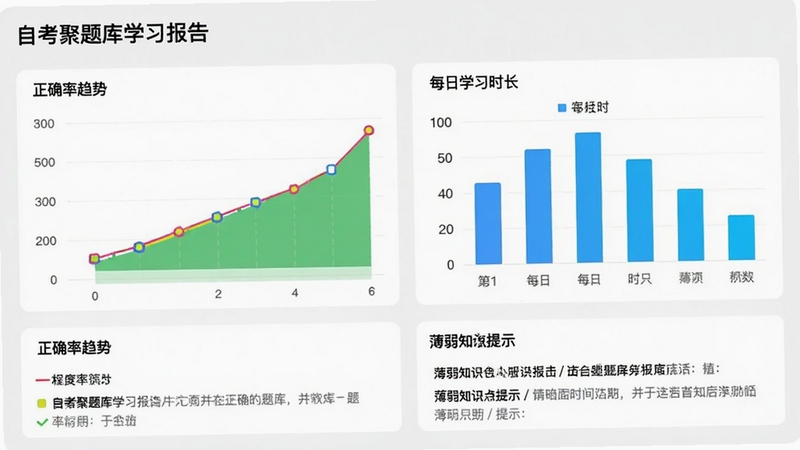 自考聚题库学习报告页面,展示正确率趋势图、每日学习时长柱状图以及薄弱知识点提示,背景为浅灰色,图表色彩鲜明,数据清晰