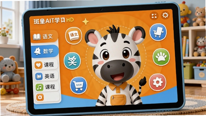 斑马AI学HD 儿童学习平板应用主界面预览图,画面以明亮的橙色和蓝色为主色调,左侧显示课程列表图标,中央是一个可爱的斑马卡通形象,周围环绕着语文、数学、英语等学科图标,背景为模糊的儿童书房,整体风格活泼温馨,高清渲染,适合作为软件介绍头图