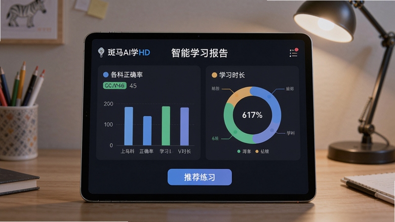 斑马AI学HD 智能学习报告界面,平板展示柱状图和环形图,显示各科正确率与学习时长,下方有“推荐练习”按钮,背景为书桌和台灯,画面清晰专业,突出数据可视化与个性化推荐