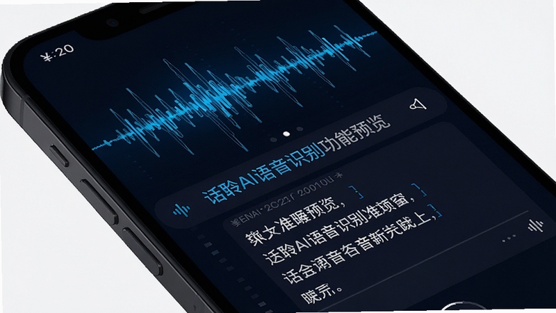 话聆AI语音识别功能预览图,展示手机屏幕上的波形动态与识别文字流,界面以深色背景搭配蓝色高亮,体现技术感与准确性。