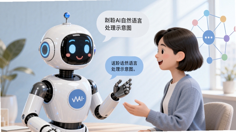 话聆AI自然语言处理示意图,画面中一个机器人与用户进行流畅对话,旁边有文字气泡和知识图谱节点,背景明亮柔和,展现友好智能的形象。