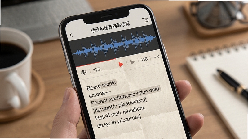 话聆AI语音转写功能预览,手机界面显示录音波形和逐字生成的文本内容,背景带有纸张纹理,突出办公实用性。