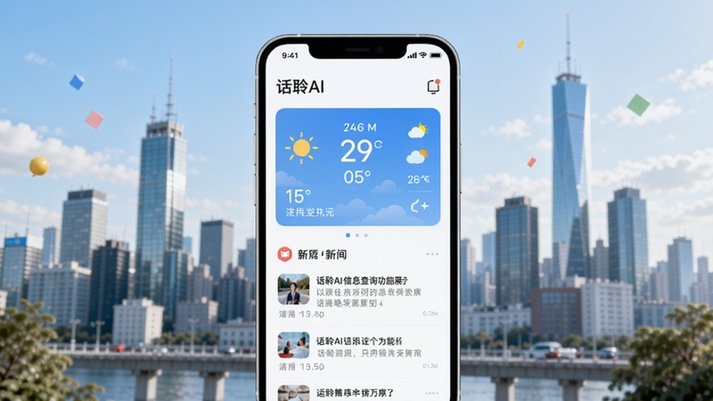 话聆AI信息查询功能展示,画面中是手机屏幕显示天气预报卡片和新闻摘要,背景为城市天际线,风格清新明快。