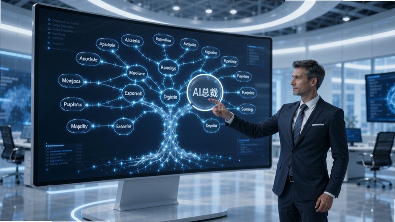 AI�ܲ���ҵ֪ʶͼ��չʾ����������Ϊһ���޴����״֪ʶ���磬ÿ���ڵ������ͬ��������߷��ŵ���ɫ��â��һλ������ʿվ����Ļǰ�����ƷŴ�鿴ϸ�ڣ�����Ϊδ���а칫�ң�����ɫ���Ƽ������ɫ���