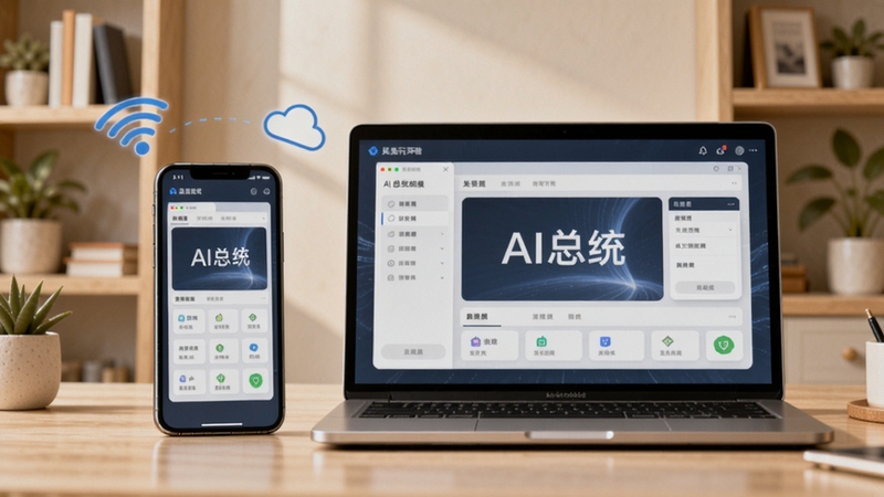 AI�ܲ����л���ʾ�⣬����չʾһ�������ֻ���һ̨�ʼǱ����Բ��Űڷţ���Ļ��ͬʱ��ʾAI�ܲý��棬��Χ��Wi-Fi�ź����ƶ�ͼ�꣬����Ϊ����鷿��ɫ����ܰ������ǿ�����豸�޷�����